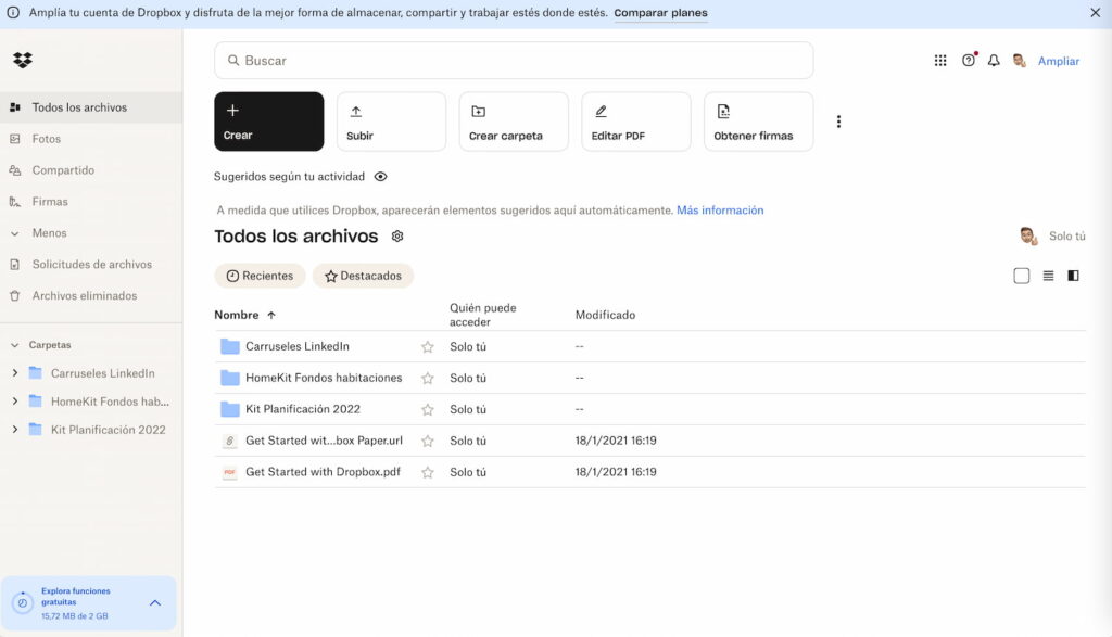 Pantalla principal de Dropbox en la que se muestran carpetas y archivos