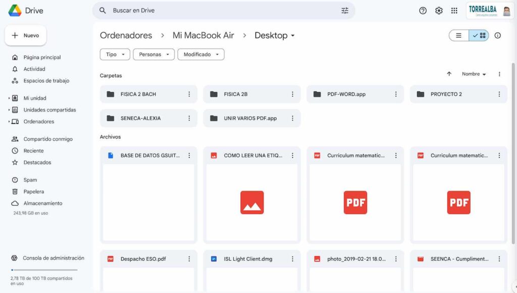 Pantalla principal de Google Drive en la que se muestran carpetas y archivos