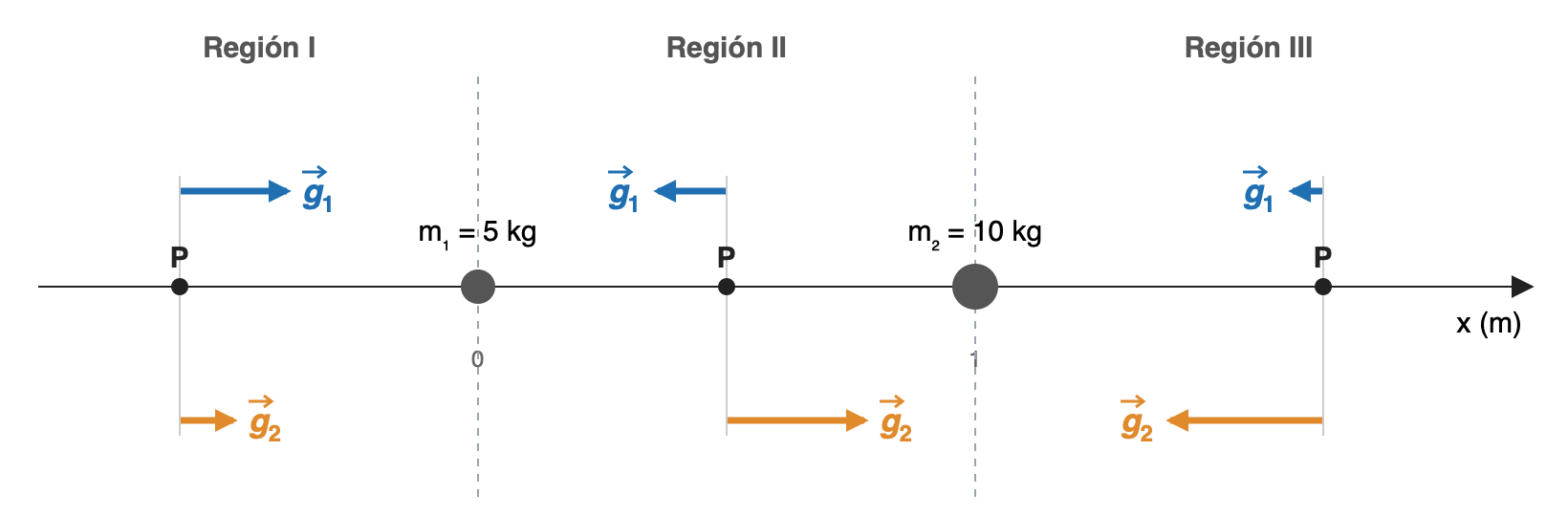 Recta con la masa de 5 kg en x = 0 y la de 10 kg en x = 1 m, que la dividen en tres regiones. En la región I, a la izquierda, g1 y g2 apuntan los dos hacia la derecha. En la región II, entre las masas, g1 apunta a la izquierda y g2 a la derecha. En la región III, a la derecha, los dos apuntan hacia la izquierda. Las longitudes indican qué campo es mayor en cada punto, pero no están a escala entre regiones